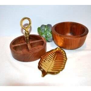 Vintage Dansk Bowl Divided Dish with Brass and Leaf Catchall Deco